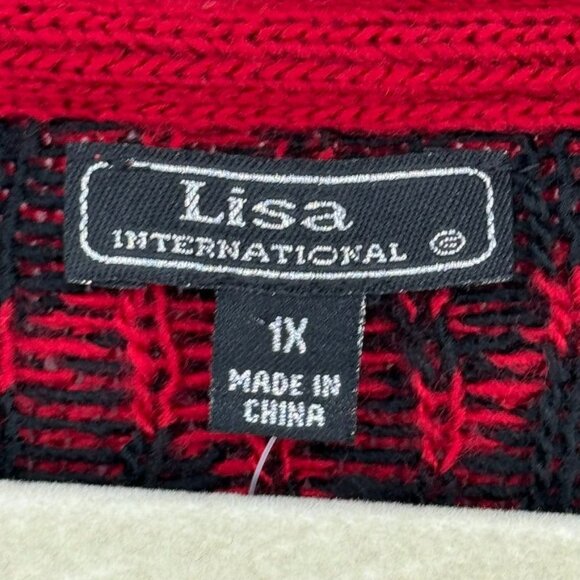 Lisa International Red Black Houndstooth Knit Sweater Poncho 1X plus new - Picture 2 of 11